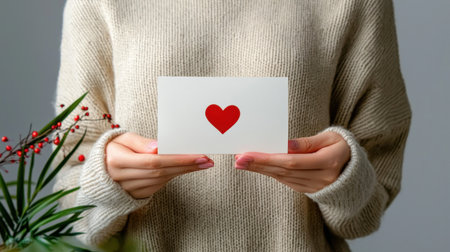 A cozy scene featuring a person in knitwear holding a heartfelt greeting card with a red heart design. Ideal for themes of love, connection, and celebration.の素材