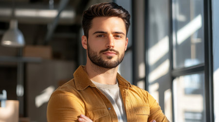 A confident young man stands with arms crossed in a bright office space, showcasing a relaxed yet professional demeanor. His serious expression adds depth to the modern portrait.の素材