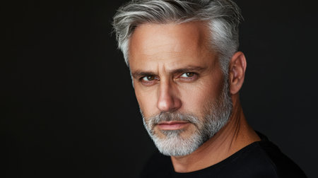 This captivating portrait features a mature man with striking silver hair and a confident gaze, set against a dark background, showcasing timeless masculinity.の素材