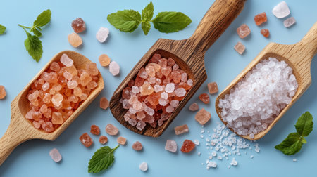 Explore the vibrant colors and textures of natural salts in wooden scoops, perfect for culinary applications and wellness uses, set against a serene background.の素材