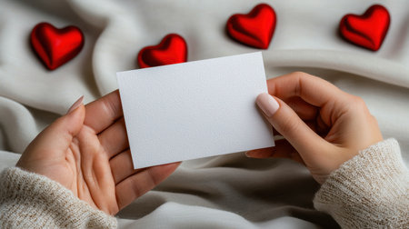 A pair of hands delicately hold a blank white card, inviting creativity. Surrounding red hearts create a romantic atmosphere on soft fabric.の素材