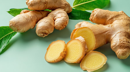 Vibrant fresh ginger root with green leaves showcases sliced pieces on a soft background, emphasizing natural health benefits and culinary uses.の素材