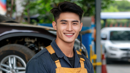 A young male mechanic smiling confidently in an auto repair shop, showcasing his skills and professionalism in a friendly environment.の素材