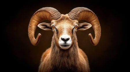A striking close-up portrait of a majestic ram showcasing its impressive curved horns and expressive eyes. Perfect for wildlife enthusiasts and nature lovers.の素材