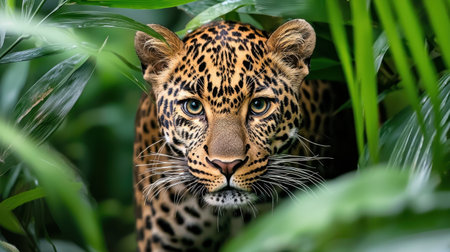 A stunning leopard peers through thick foliage in its natural habitat, showcasing its beautiful distinctive spots and piercing eyes. This wildlife image captures the essence of the jungle and the elegance of this majestic predator.の素材