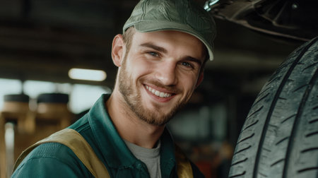 A young mechanic smiles warmly at the camera in an auto repair workshop. The well-lit environment highlights his friendly demeanor and professionalism.の素材