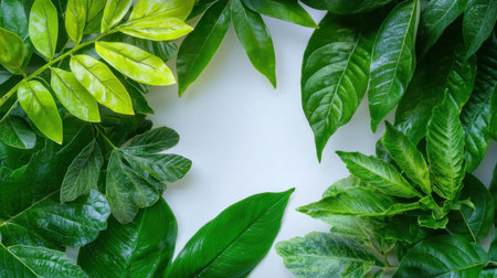 A stunning arrangement of various green leaves on a white background, perfect for nature-themed designs and projects, evoking freshness and tranquility.の素材