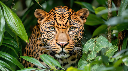 A stunning close-up of a leopard peering through vibrant foliage in its natural habitat. This image captures the beauty and intensity of wildlife in the rainforest.の素材