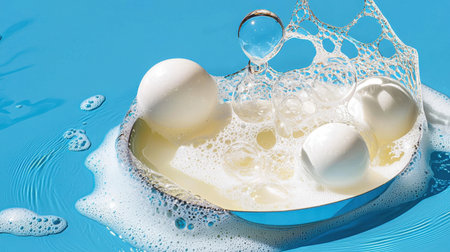 This vibrant image captures fresh eggs resting in soapy water bubbles against a striking blue background, emphasizing cleanliness and culinary creativity.の素材