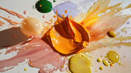 This captivating image showcases a vibrant array of paint splashes on canvas, featuring hues of orange and yellow, perfect for artistic inspiration.の素材