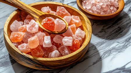 A closeup of vibrant pink and red sugar cubes displayed in wooden bowls on a marble surface, perfect for adding a sweet touch to any culinary creation or gathering.の素材