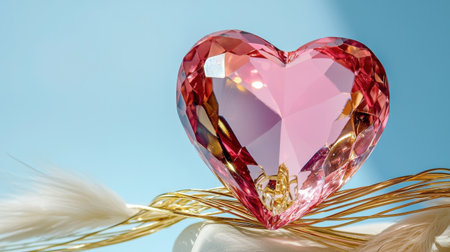 A stunning pink heart-shaped crystal reflects light beautifully, perfect for decoration. This elegant piece embodies love and romance for various themes.の素材