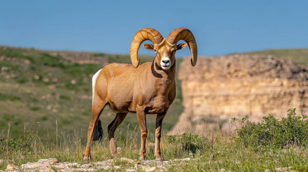 A stunning portrait of a majestic ram standing confidently on rocky terrain, showcasing its impressive horns against a picturesque backdrop of nature and clear skies.の素材