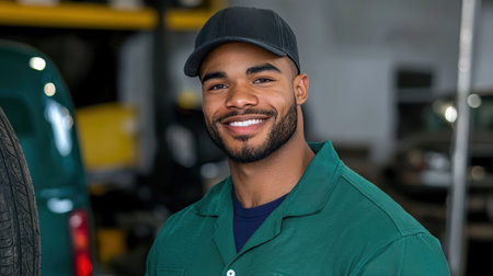 A cheerful mechanic poses confidently in an auto repair garage, showcasing his friendly demeanor and work environment filled with tools and vehicles.の素材