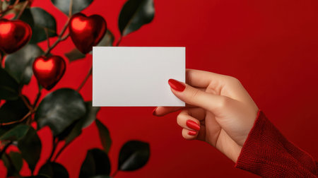 A closeup of a hand holding a blank card against a vibrant red background. The scene features heart ornaments and leaves, creating a warm and festive atmosphere.の素材