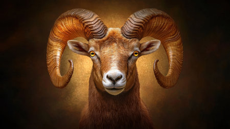 Discover a stunning portrait of a majestic ram, showcasing its intricate textures and striking gold background. This powerful animal captures the essence of wildlife and nature.の素材