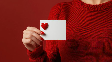 A hand elegantly holds a blank card adorned with a glossy red heart, set against a rich red background, perfect for conveying love and affection.の素材