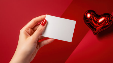 A close-up view of a hand holding a blank card beside a shiny red heart. The vibrant red background enhances the emotional and romantic theme, perfect for personal messages.の素材