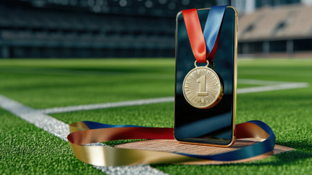 A golden medal with a red and blue ribbon rests on a smartphone on a well-maintained sports field. This image symbolizes victory, achievement, and modern technology in competitive sports.の素材