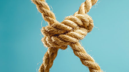A close-up view of a twisted rope knot showcases intricate details and textures against a vibrant blue background. Ideal for craft or textile projects.の素材
