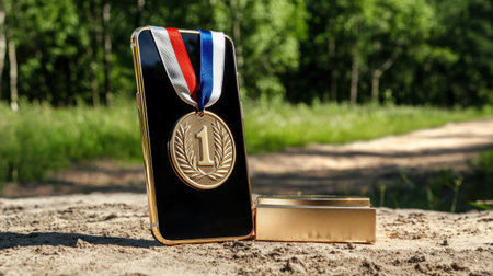 A gold medal rests beside a smartphone, symbolizing achievement and success in an outdoor natural setting. Ideal for celebrating victories and recognition.の素材