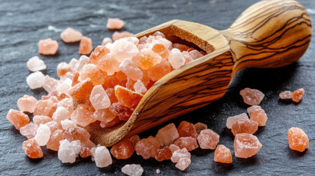 A close-up of Himalayan pink salt in a wooden scoop, set on a dark slate surface. This image highlights the texture and natural appeal of gourmet ingredients for culinary use.の素材