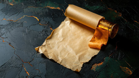 A beautifully rolled craft paper reveals a shimmer of gold foil against an elegant dark textured surface, ideal for artistic and design purposes.の素材