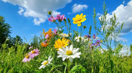 A beautiful display of vibrant wildflowers in a sunny field against a bright blue sky with fluffy clouds, showcasing nature's stunning colors and serene beauty.の素材
