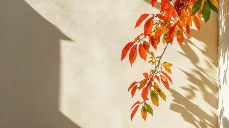 A stunning display of autumn leaves in vibrant colors of orange and red, creating beautiful shadows on a creamy wall. Perfect for seasonal decor or nature themes.の素材