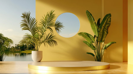 A stylish modern interior featuring lush plants and a circular window. The vibrant yellow decor creates a fresh and inviting atmosphere, perfect for relaxation.の素材