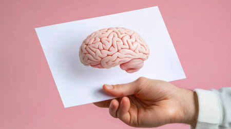 A hand holds a paper featuring a realistic brain illustration against a soft pink background. This image symbolizes creativity, knowledge, and understanding of the human mind.の素材