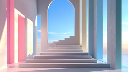 A serene modern interior featuring colorful minimalist architecture with stairs leading to an open sky. This artistic scene evokes tranquility and elegance.の素材