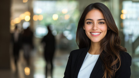 A confident young woman smiles warmly in a modern office setting, embodying professionalism and positivity. The blurred background adds focus to her vibrant personality.の素材