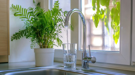 A modern kitchen scene featuring a sleek faucet pouring fresh water into a glass. A vibrant green plant adds a touch of nature, creating a refreshing atmosphere.の素材