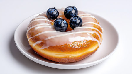 Enjoy a beautifully presented glazed donut topped with fresh blueberries, perfect for dessert lovers. An appetizing treat ideal for any occasion.の素材