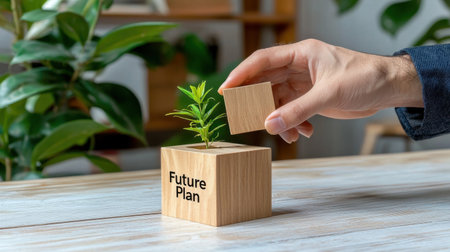 A hand places a wooden block over a small plant, symbolizing the future plan and growth. This image captures the essence of nurturing ideas and goals.の素材