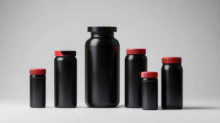 A collection of assorted black containers with red caps, ideal for pharmaceuticals or supplements. The minimalist design highlights modern packaging suitable for health products.の素材