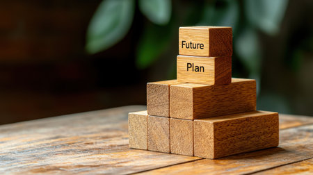 This image showcases wooden blocks arranged to emphasize a future plan concept. The warm tones create a motivational atmosphere, perfect for business and strategy themes.の素材