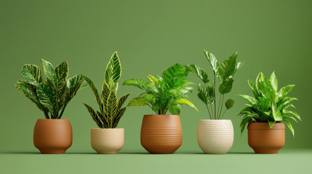 A beautiful collection of indoor plants in decorative pots set against a soothing green background. Perfect for home decor, these plants add tranquility and style.の素材
