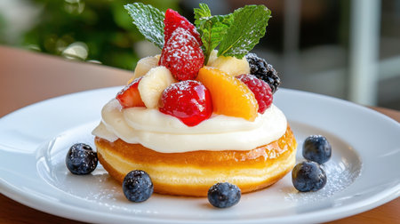 A beautifully presented dessert featuring a fluffy base, rich cream, and a variety of fresh fruits, perfect for any sweet craving or special occasion.の素材