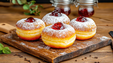 A tempting display of freshly baked doughnuts filled with delicious jam, dusted with powdered sugar on a rustic wooden board, perfect for any occasion.の素材