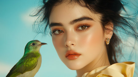 A stunning portrait featuring a beautiful woman with a vibrant bird, capturing a moment of elegance and nature. The bright background enhances the serene atmosphere.の素材