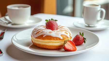 A delightful strawberry donut with icing sits elegantly on a white plate, accompanied by fresh strawberries, perfect for breakfast or as a sweet treat.の素材