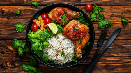 A vibrant bowl featuring grilled chicken legs, fluffy rice, and fresh vegetables, garnished with herbs and lime. Perfect for a healthy meal.の素材