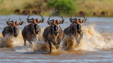 A breathtaking scene of wildebeests splashing through water, showcasing their strength and grace during their dramatic migration across the African landscape.の素材