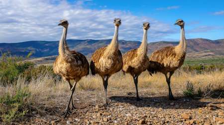 Four emus stand in a scenic outdoor setting, showcasing their distinctive feathered bodies amidst vibrant vegetation and a striking blue sky.の素材