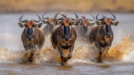 A dynamic scene showing a herd of wildebeests running through water, creating splashes. The image captures wildlife in its natural habitat, embodying the energy of migration.の素材