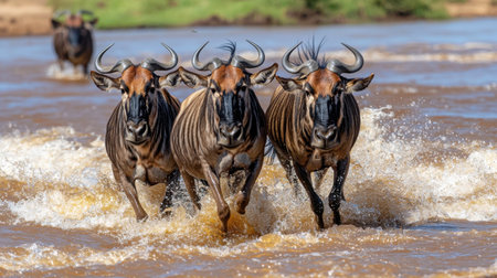 Three wildebeest charge through a river, creating splashes during migration. This striking scene captures the energy and beauty of wildlife in action.の素材