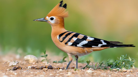 A striking hoopoe bird showcases its vibrant plumage while foraging on the ground. This captivating scene highlights its unique colors and natural habitat.の素材