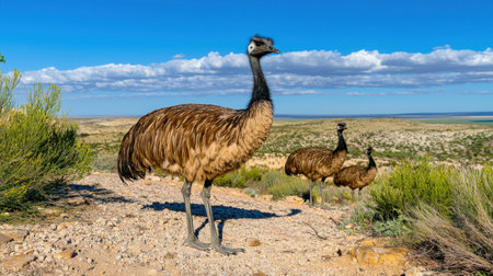 Three emus stand in a picturesque landscape with a bright blue sky. This photo captures their unique features and natural habitat, showcasing wildlife beauty.の素材